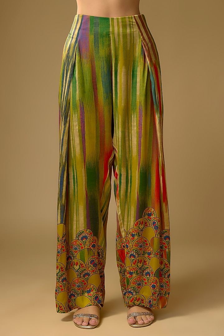 Mustard Gajji Silk Floral Printed Palazzo Set by SHRADDHA RAMBHIA at Pernia's Pop Up Shop