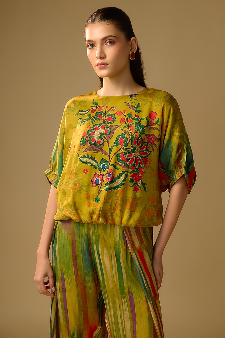 Mustard Gajji Silk Floral Printed Palazzo Set by SHRADDHA RAMBHIA at Pernia's Pop Up Shop