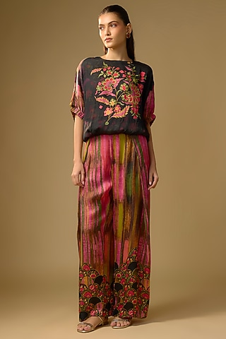 Black Gajji Silk Floral Printed Palazzo Set by SHRADDHA RAMBHIA