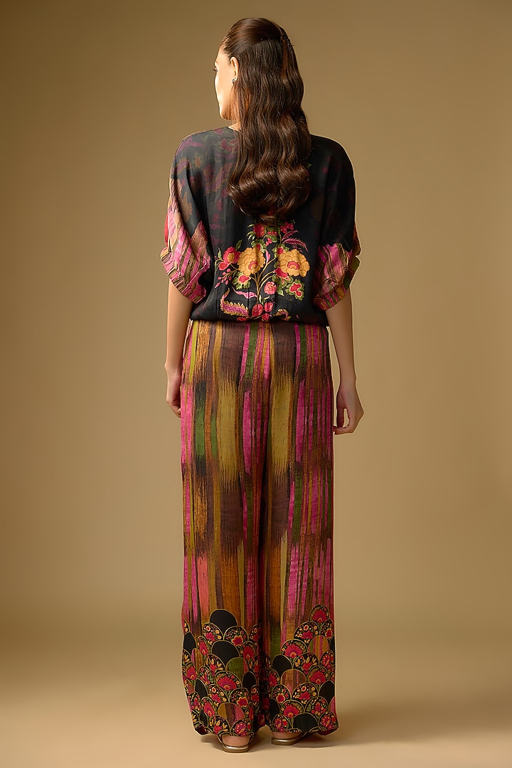 Black Gajji Silk Floral Printed Palazzo Set by SHRADDHA RAMBHIA at Pernia's Pop Up Shop