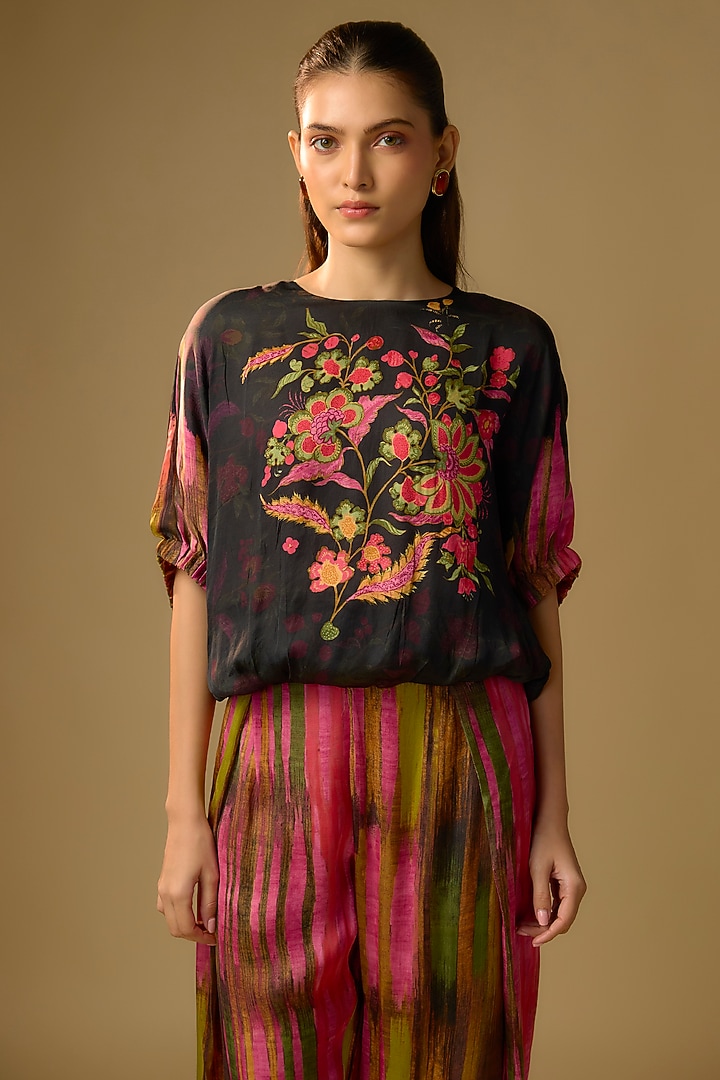 Black Gajji Silk Floral Printed Palazzo Set by SHRADDHA RAMBHIA at Pernia's Pop Up Shop