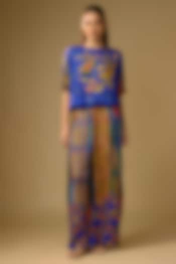 Blue Gajji Silk Floral Printed Palazzo Set by SHRADDHA RAMBHIA at Pernia's Pop Up Shop