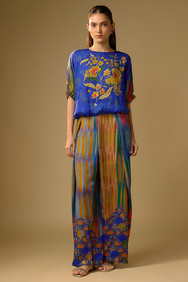 Blue Gajji Silk Floral Printed Palazzo Set by SHRADDHA RAMBHIA at Pernia's Pop Up Shop