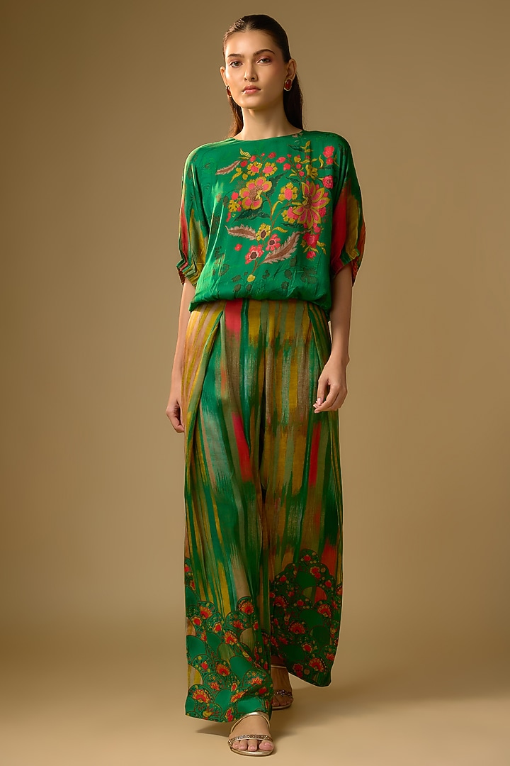 Green Gajji Silk Floral Printed Palazzo Set by SHRADDHA RAMBHIA at Pernia's Pop Up Shop