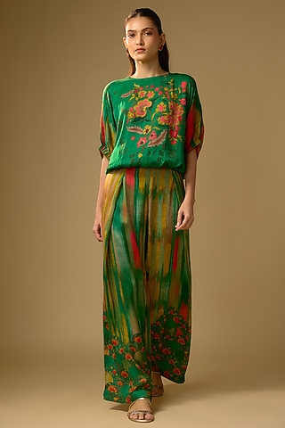 Green Gajji Silk Floral Printed Palazzo Set by SHRADDHA RAMBHIA