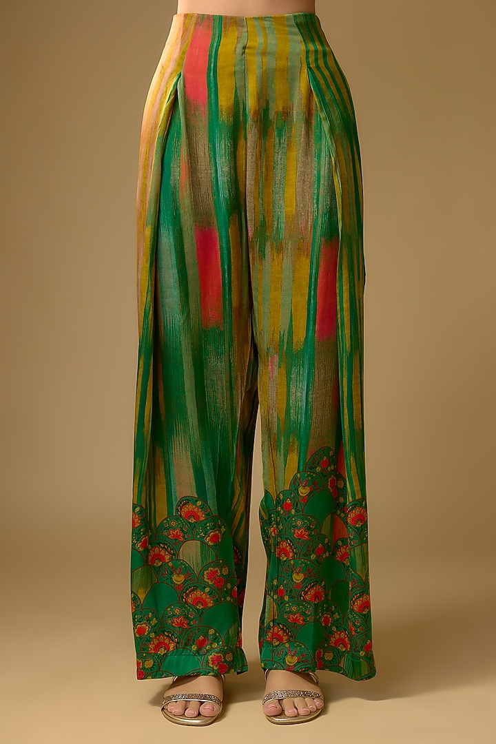 Green Gajji Silk Floral Printed Palazzo Set by SHRADDHA RAMBHIA at Pernia's Pop Up Shop