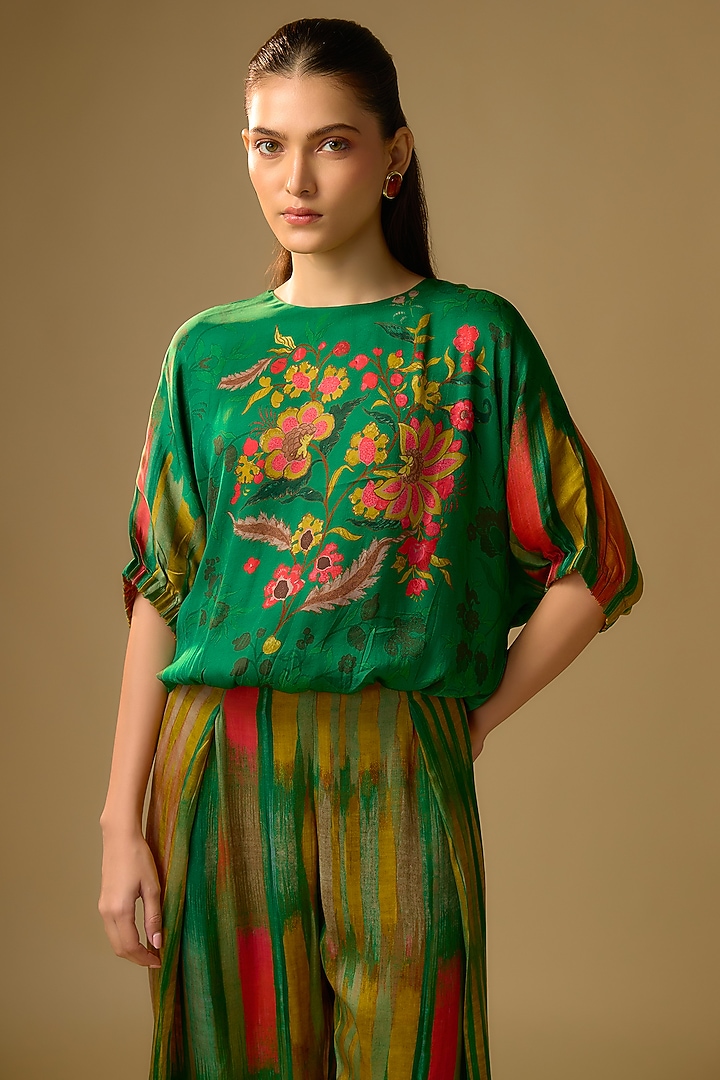 Green Gajji Silk Floral Printed Palazzo Set by SHRADDHA RAMBHIA at Pernia's Pop Up Shop