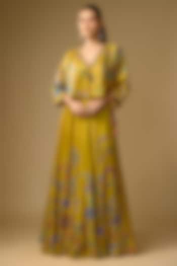 Mustard Gajji Silk Hand Embroidered & Floral Printed Lehenga Set by SHRADDHA RAMBHIA at Pernia's Pop Up Shop