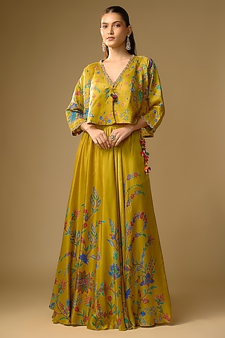 Mustard Gajji Silk Hand Embroidered & Floral Printed Lehenga Set by SHRADDHA RAMBHIA