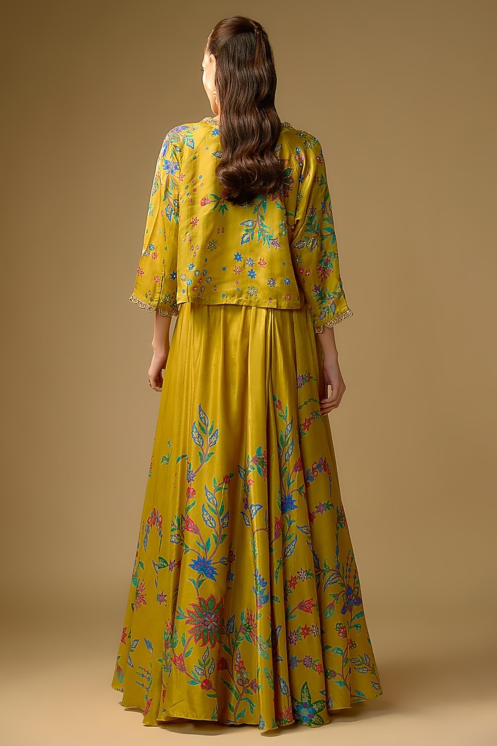 Mustard Gajji Silk Hand Embroidered & Floral Printed Lehenga Set by SHRADDHA RAMBHIA at Pernia's Pop Up Shop