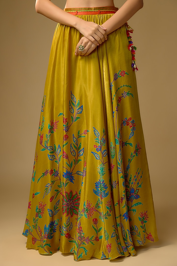 Mustard Gajji Silk Hand Embroidered & Floral Printed Lehenga Set by SHRADDHA RAMBHIA at Pernia's Pop Up Shop