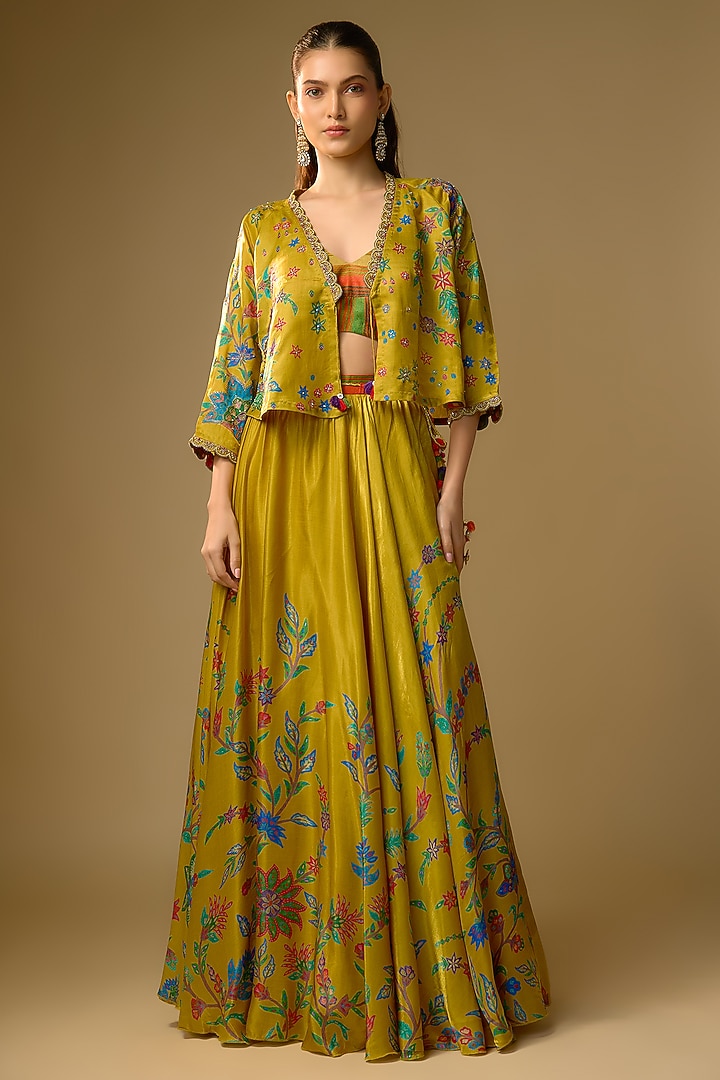 Mustard Gajji Silk Hand Embroidered & Floral Printed Lehenga Set by SHRADDHA RAMBHIA at Pernia's Pop Up Shop
