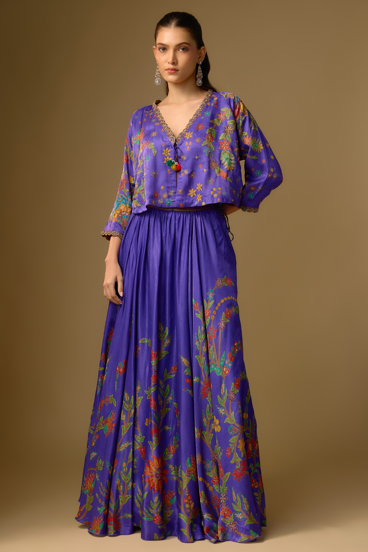 SHRADDHA RAMBHIA Purple Gajji Silk Hand Embroidered & Floral Printed Lehenga Set