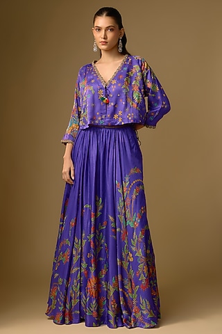 Purple Gajji Silk Hand Embroidered & Floral Printed Lehenga Set by SHRADDHA RAMBHIA