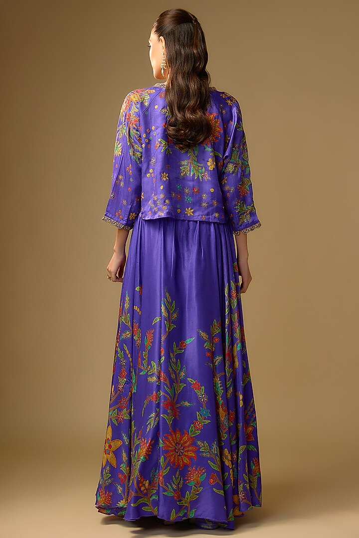 Purple Gajji Silk Hand Embroidered & Floral Printed Lehenga Set by SHRADDHA RAMBHIA at Pernia's Pop Up Shop