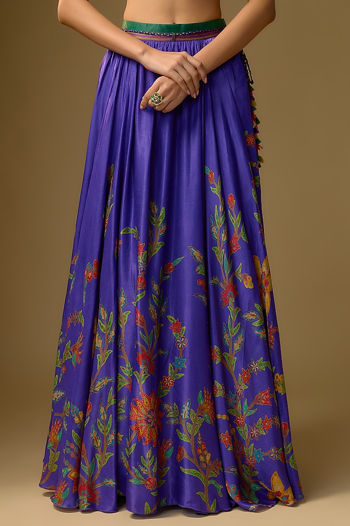Purple Gajji Silk Hand Embroidered & Floral Printed Lehenga Set by SHRADDHA RAMBHIA at Pernia's Pop Up Shop