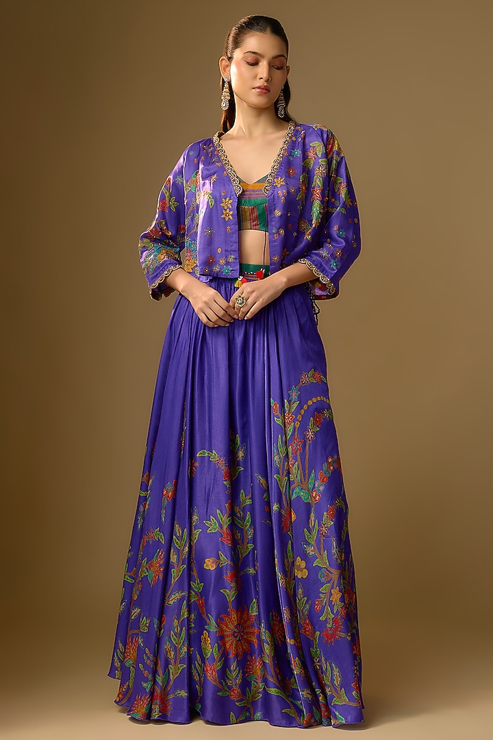 Purple Gajji Silk Hand Embroidered & Floral Printed Lehenga Set by SHRADDHA RAMBHIA at Pernia's Pop Up Shop