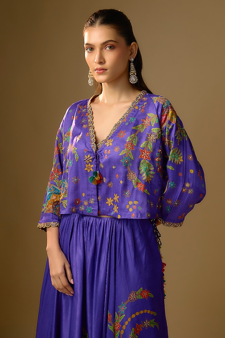 Purple Gajji Silk Hand Embroidered & Floral Printed Lehenga Set by SHRADDHA RAMBHIA at Pernia's Pop Up Shop