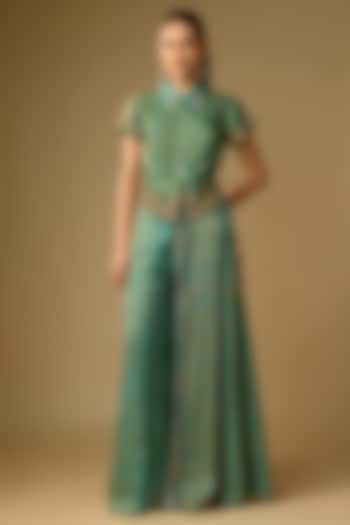 Duckegg Blue Gajji Silk Embroidered Palazzo Set by SHRADDHA RAMBHIA at Pernia's Pop Up Shop