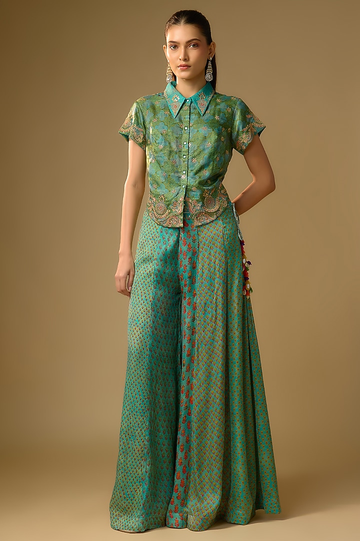 Duckegg Blue Gajji Silk Embroidered Palazzo Set by SHRADDHA RAMBHIA at Pernia's Pop Up Shop
