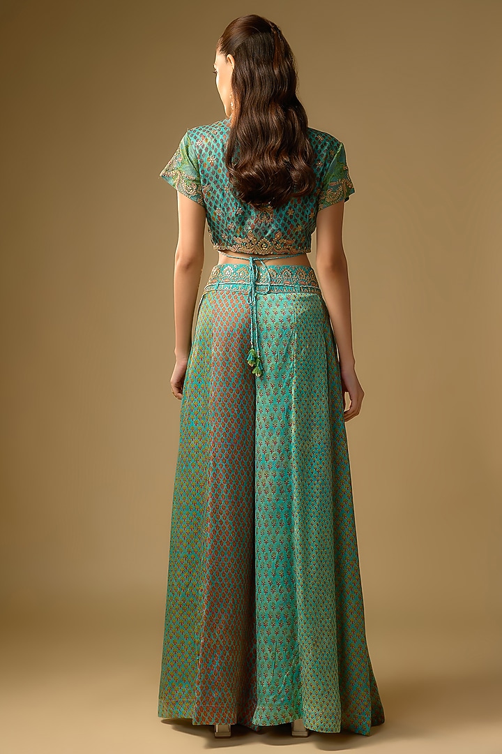 Duckegg Blue Gajji Silk Embroidered Palazzo Set by SHRADDHA RAMBHIA at Pernia's Pop Up Shop