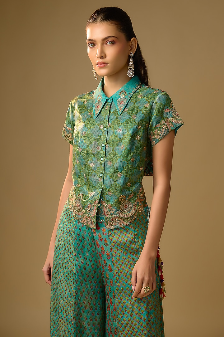 Duckegg Blue Gajji Silk Embroidered Palazzo Set by SHRADDHA RAMBHIA at Pernia's Pop Up Shop