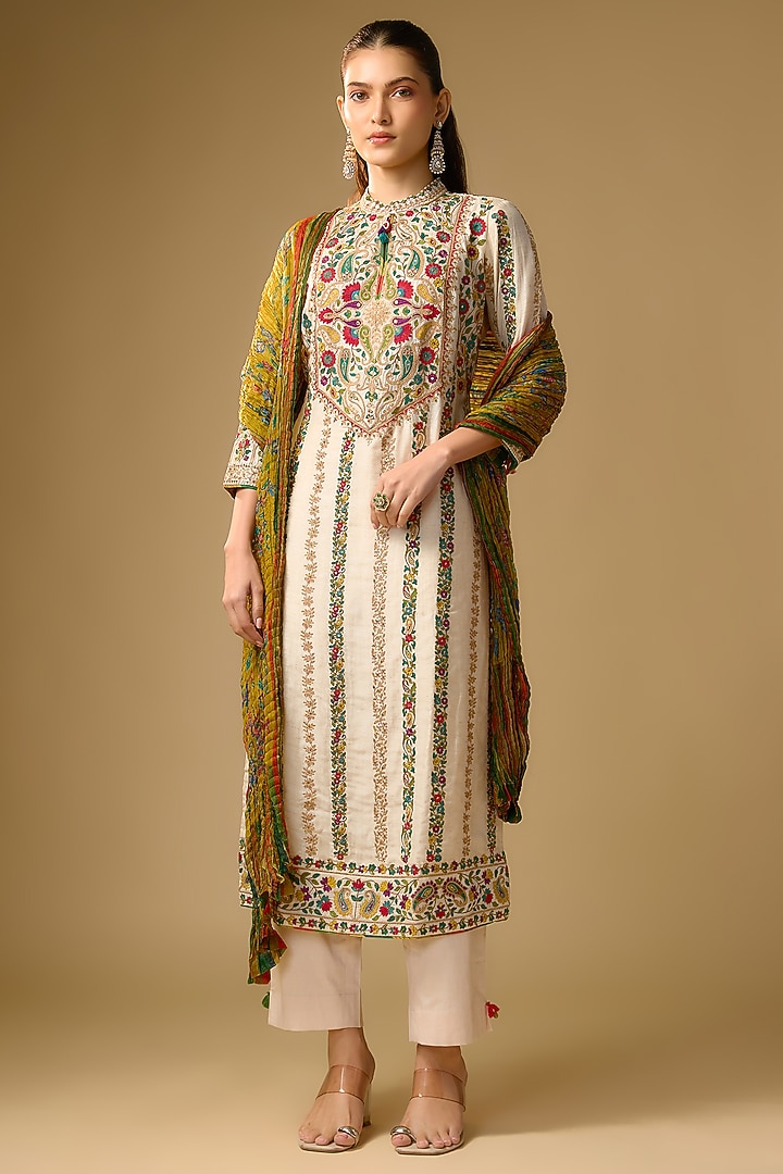 Ivory Linen Silk Resham Embroidered Kurta Set by SHRADDHA RAMBHIA at Pernia's Pop Up Shop