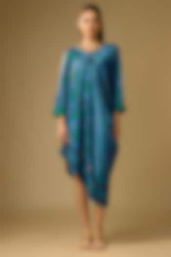 Blue Gajji Silk Floral Printed Asymmetrical Summer Dress by SHRADDHA RAMBHIA at Pernia's Pop Up Shop