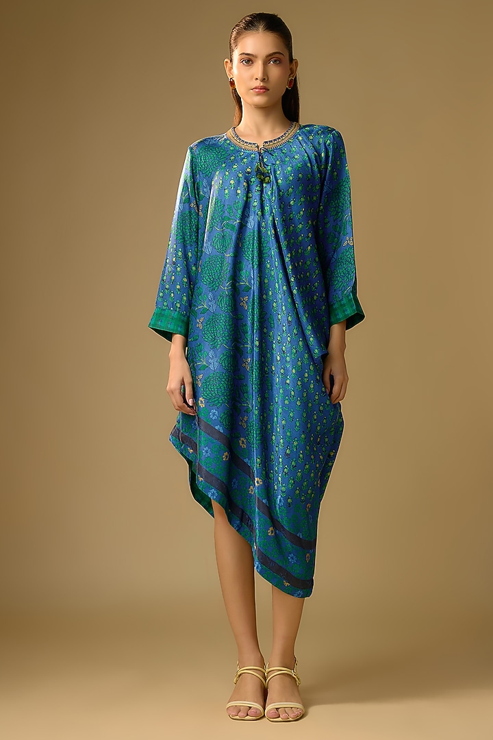 Blue Gajji Silk Floral Printed Asymmetrical Summer Dress by SHRADDHA RAMBHIA at Pernia's Pop Up Shop