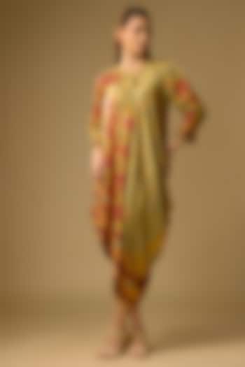 Mustard Gajji Silk Floral Printed Asymmetrical Summer Dress by SHRADDHA RAMBHIA at Pernia's Pop Up Shop