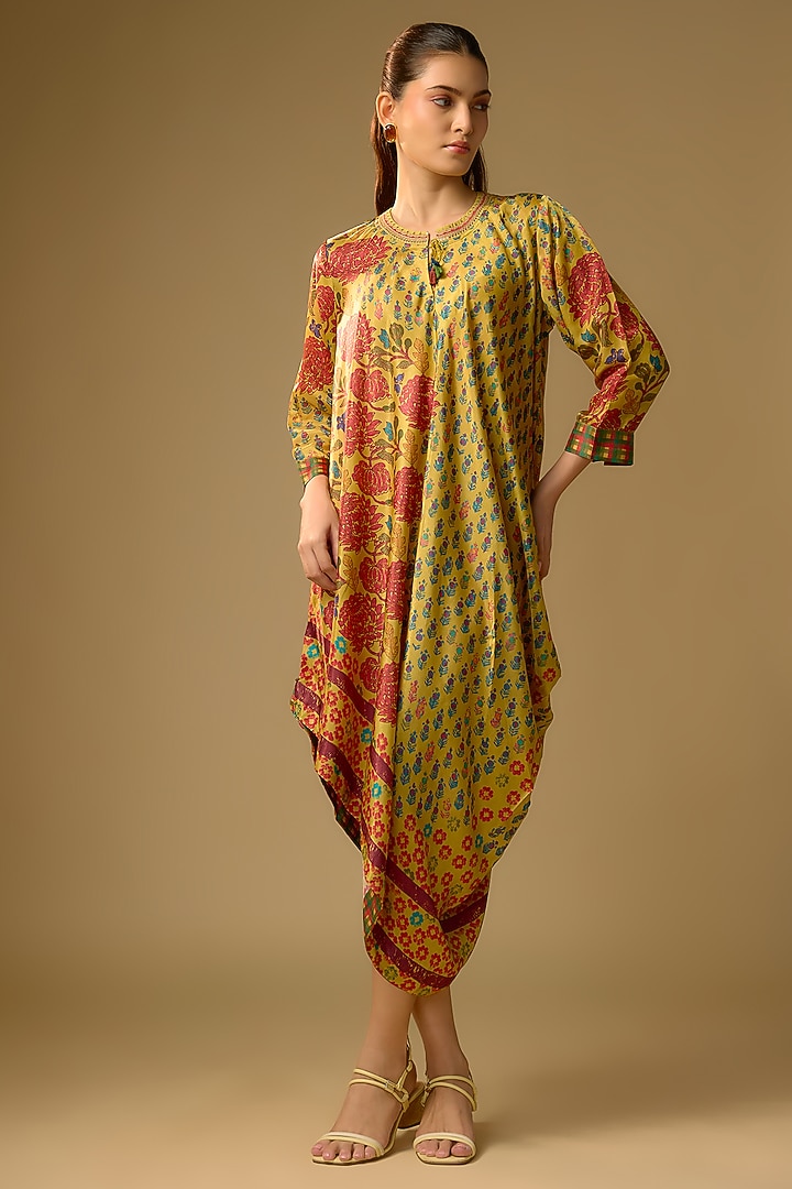 Mustard Gajji Silk Floral Printed Asymmetrical Summer Dress by SHRADDHA RAMBHIA at Pernia's Pop Up Shop