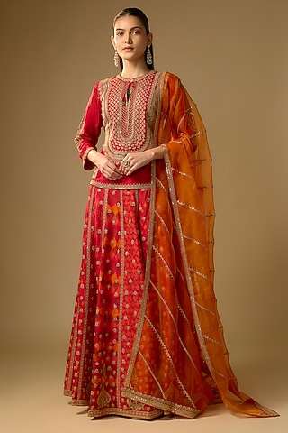 Red Slub Silk Dori Embroidered Lehenga Set by SHRADDHA RAMBHIA