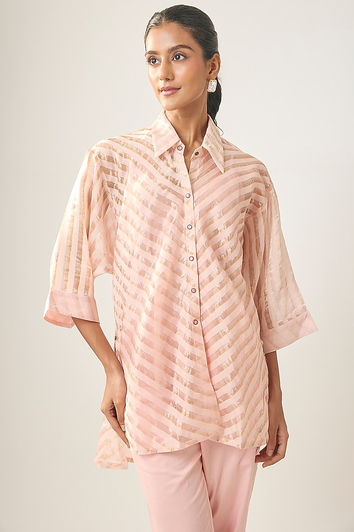 Blush Pink Banarasi Stripe Shirt by SHRADDHA RAMBHIA at Pernia's Pop Up Shop