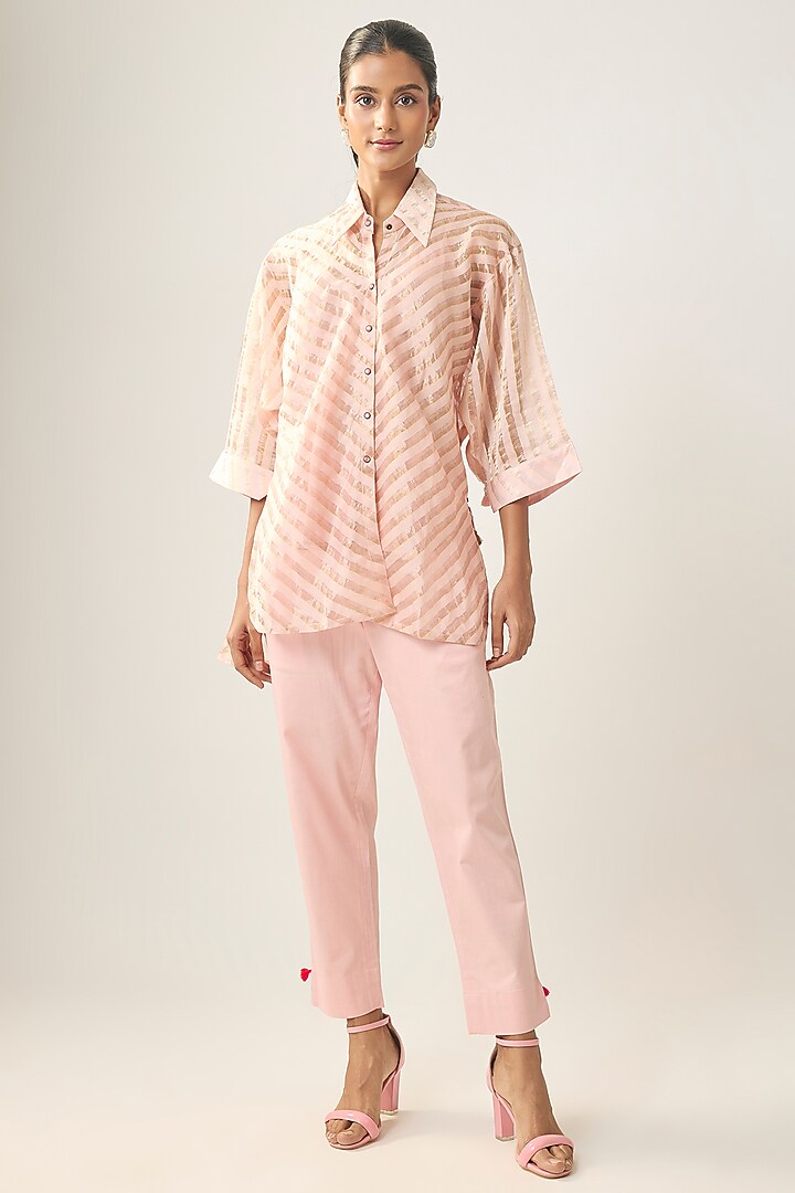 Blush Pink Banarasi Stripe Shirt by SHRADDHA RAMBHIA at Pernia's Pop Up Shop