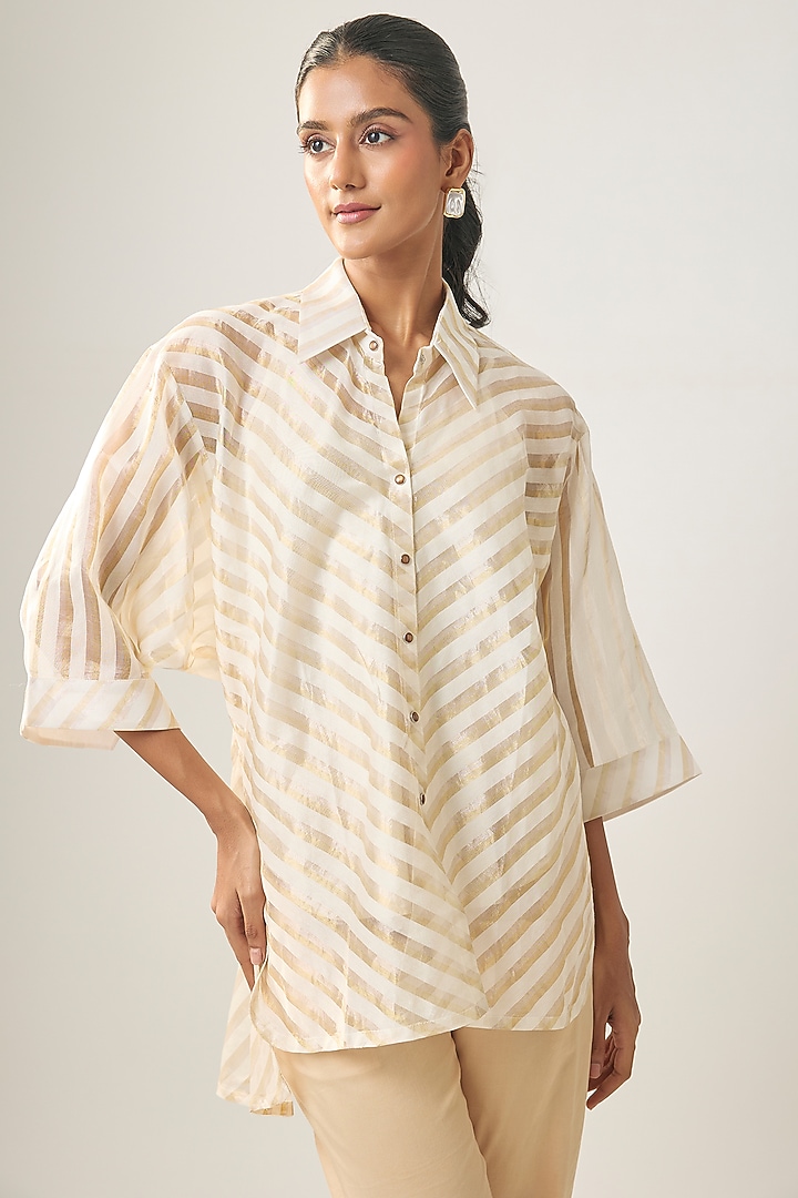 Ivory Banarasi Stripe Shirt by SHRADDHA RAMBHIA at Pernia's Pop Up Shop