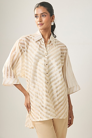 Ivory Banarasi Stripe Shirt by SHRADDHA RAMBHIA
