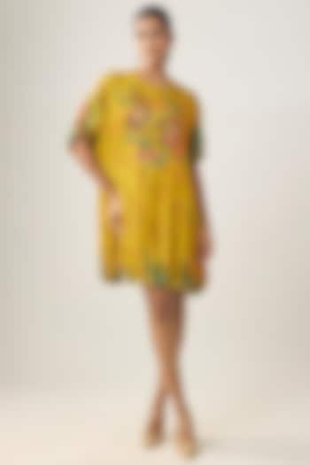 Yellow Gajji Silk Floral Printed Mini Summer Dress by SHRADDHA RAMBHIA at Pernia's Pop Up Shop