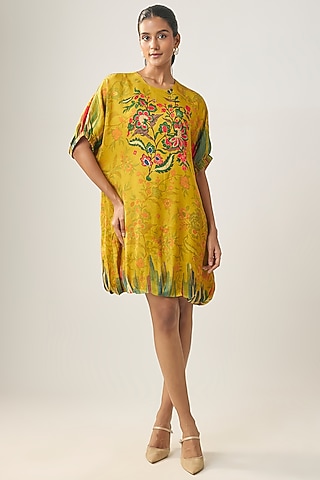 Yellow Gajji Silk Floral Printed Mini Dress by SHRADDHA RAMBHIA