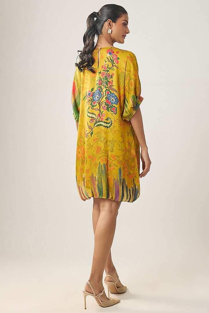Yellow Gajji Silk Floral Printed Mini Summer Dress by SHRADDHA RAMBHIA at Pernia's Pop Up Shop