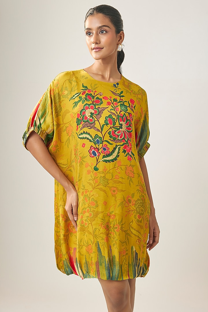 Yellow Gajji Silk Floral Printed Mini Summer Dress by SHRADDHA RAMBHIA at Pernia's Pop Up Shop