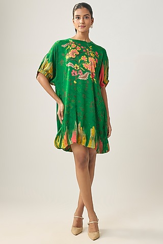 Green Gajji Silk Floral Printed Mini Dress by SHRADDHA RAMBHIA
