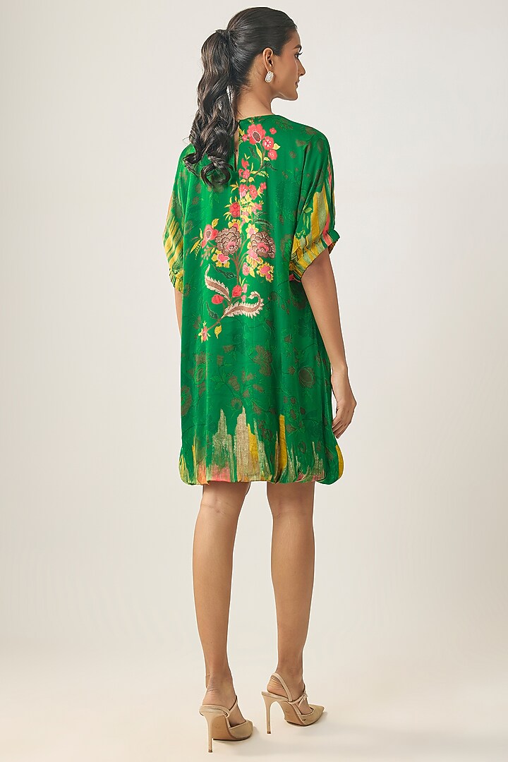 Green Gajji Silk Floral Printed Mini Summer Dress by SHRADDHA RAMBHIA at Pernia's Pop Up Shop