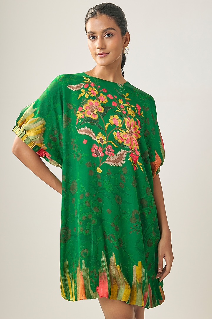 Green Gajji Silk Floral Printed Mini Summer Dress by SHRADDHA RAMBHIA at Pernia's Pop Up Shop