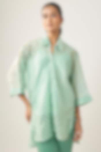 Powder Blue Banarasi Stripe Shirt by SHRADDHA RAMBHIA at Pernia's Pop Up Shop