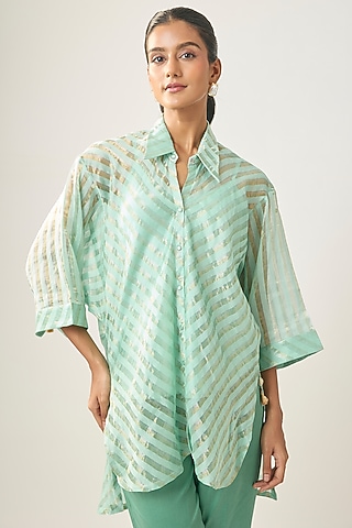Powder Blue Banarasi Stripe Shirt by SHRADDHA RAMBHIA