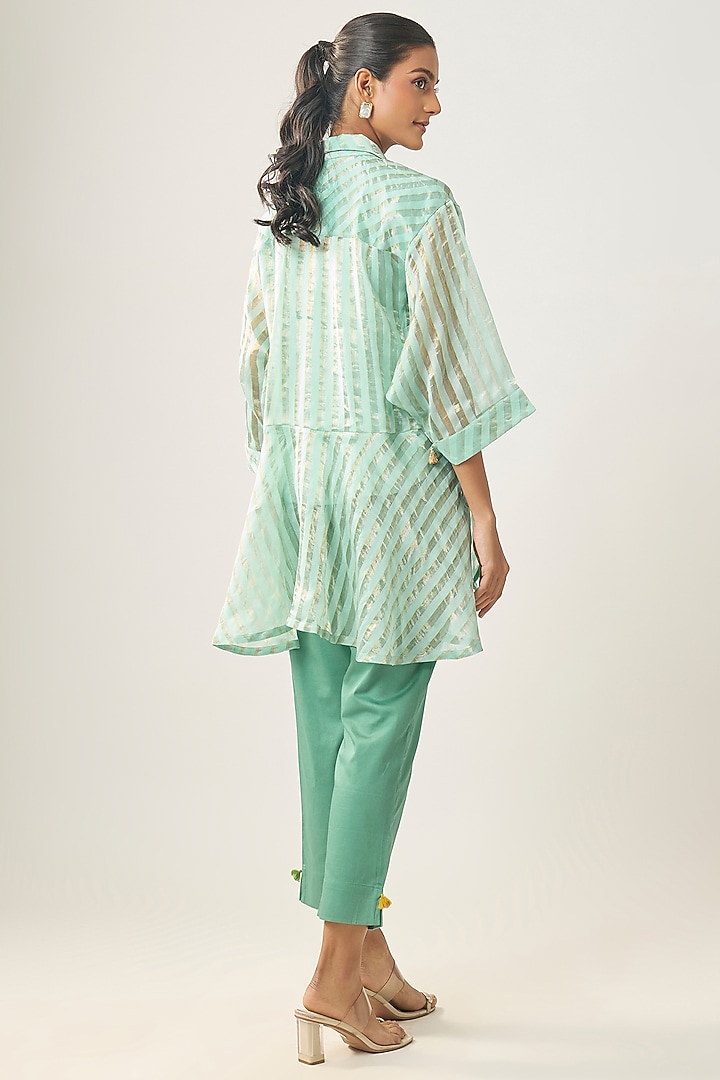 Powder Blue Banarasi Stripe Shirt by SHRADDHA RAMBHIA at Pernia's Pop Up Shop