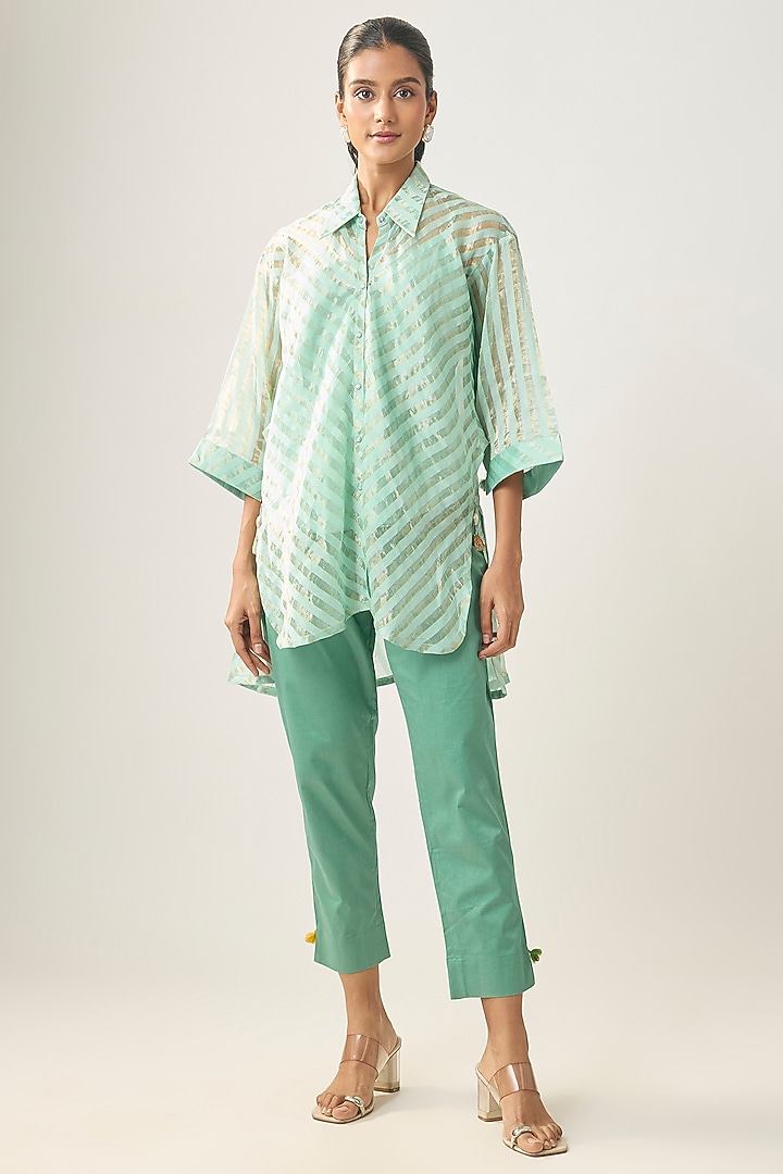 Powder Blue Banarasi Stripe Shirt by SHRADDHA RAMBHIA at Pernia's Pop Up Shop
