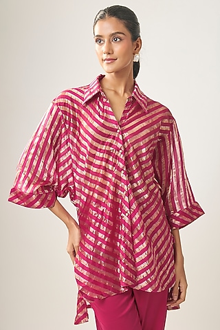 Rani Pink Banarasi Stripe Shirt by SHRADDHA RAMBHIA