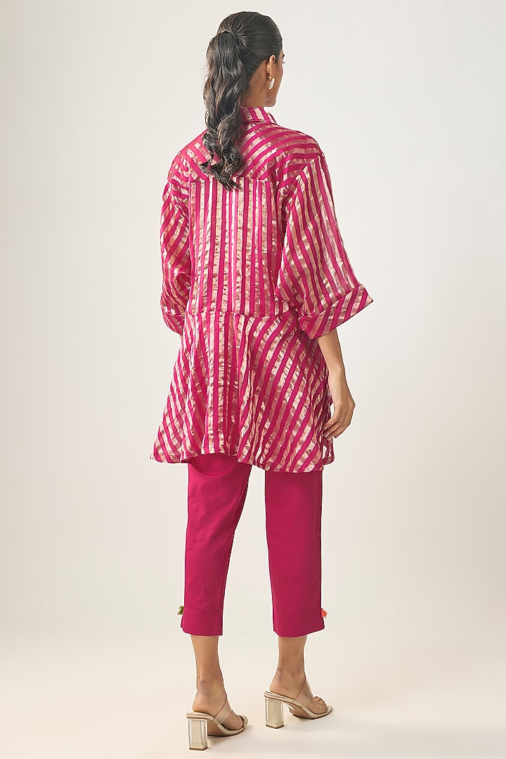 Rani Pink Banarasi Stripe Shirt by SHRADDHA RAMBHIA at Pernia's Pop Up Shop