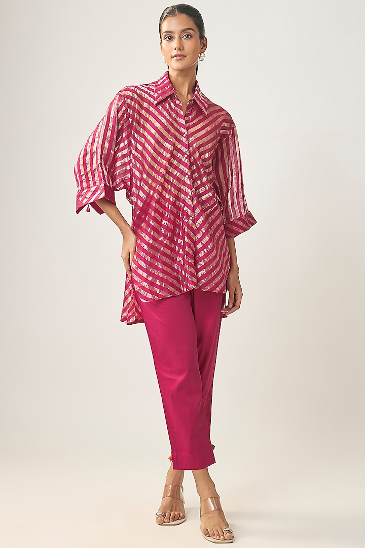 Rani Pink Banarasi Stripe Shirt by SHRADDHA RAMBHIA at Pernia's Pop Up Shop